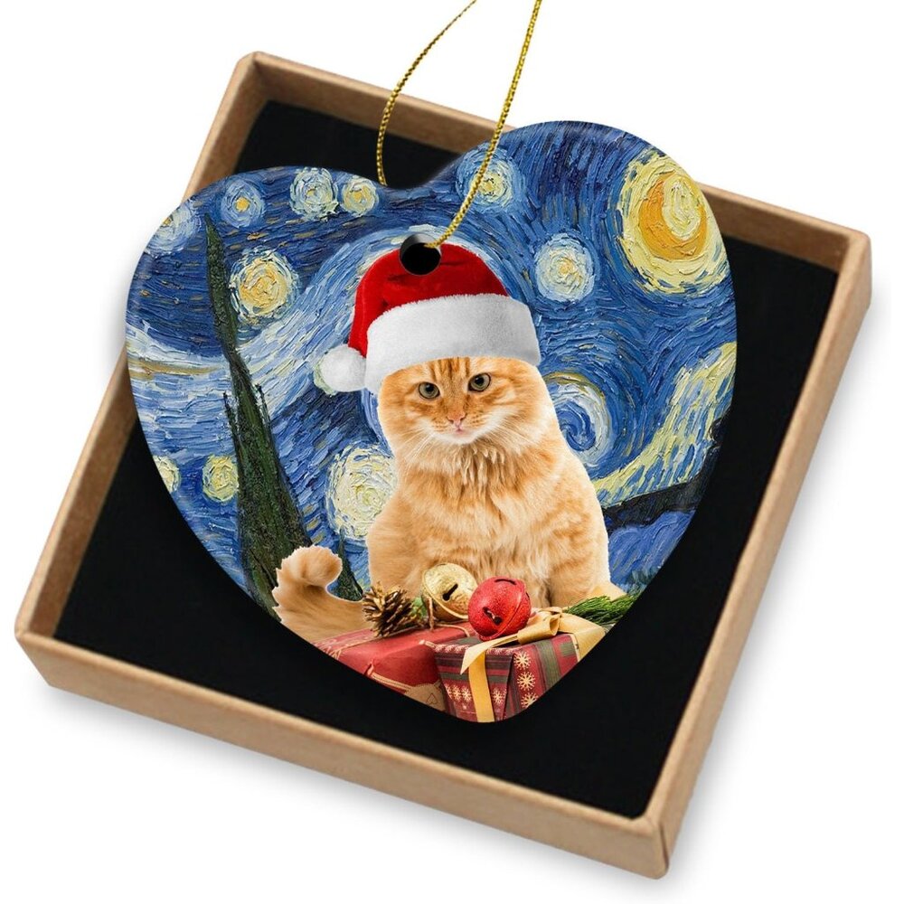 🆕 Cat Christmas Ornament Decorations Ceramic Tree Red Tabby Kitten Xmas Hat